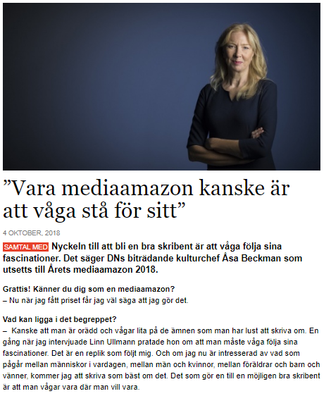 Artikel DN Åsa Beckman årets MediaAmazon 2018